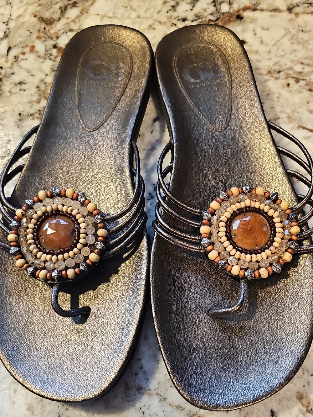 Gianni Bini Copper Beaded Toe-Loop Sandals with Amber Accents